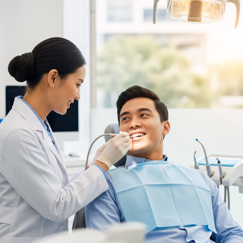 Smiling dentist with patient